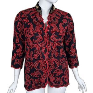 Chico's Women's Size 2 Red Collectibles Embroidered Paisley Jacket Sequin Boho